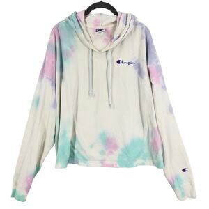Champion Pullover Hoodie Sweatshirts Womens Large Pink Green Tie Dye Cropped